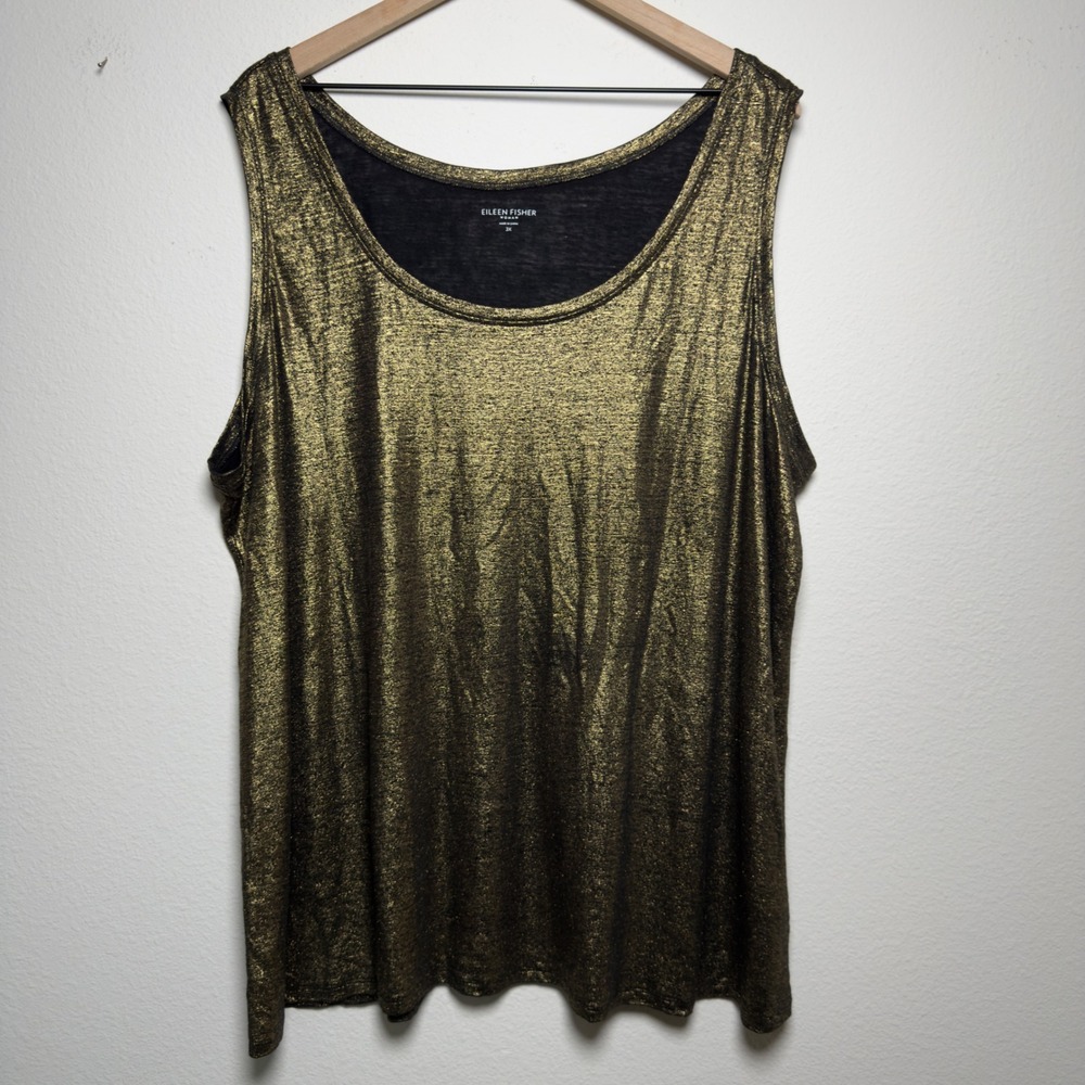 Eileen Fisher Women 100% Organic Linen Tank Top 3X Gold Metallic Shimmer Holiday